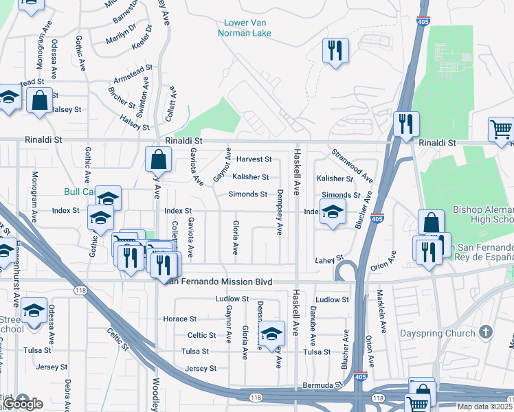 map of restaurants, bars, coffee shops, grocery stores, and more near 15921 Simonds Street in Los Angeles