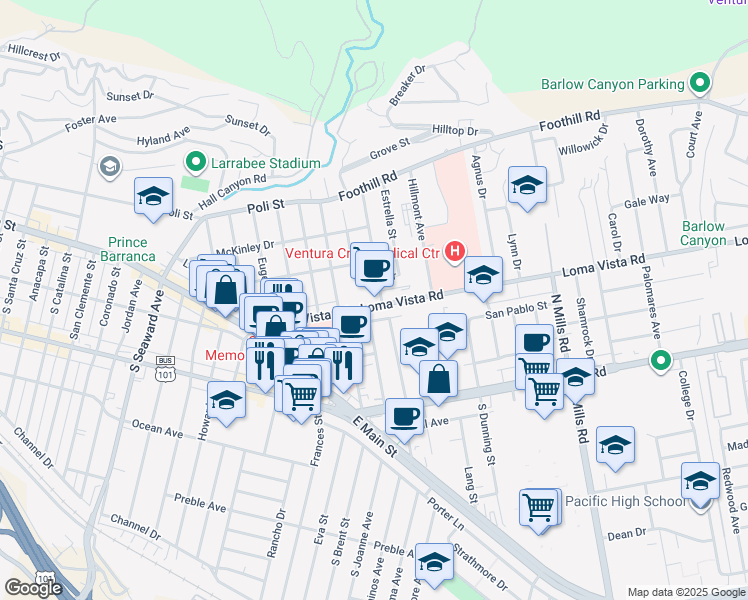 map of restaurants, bars, coffee shops, grocery stores, and more near 2991 Loma Vista Road in Ventura