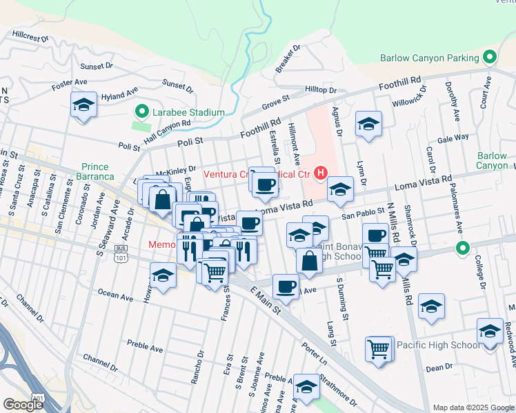 map of restaurants, bars, coffee shops, grocery stores, and more near 238 North Dos Caminos Avenue in Ventura