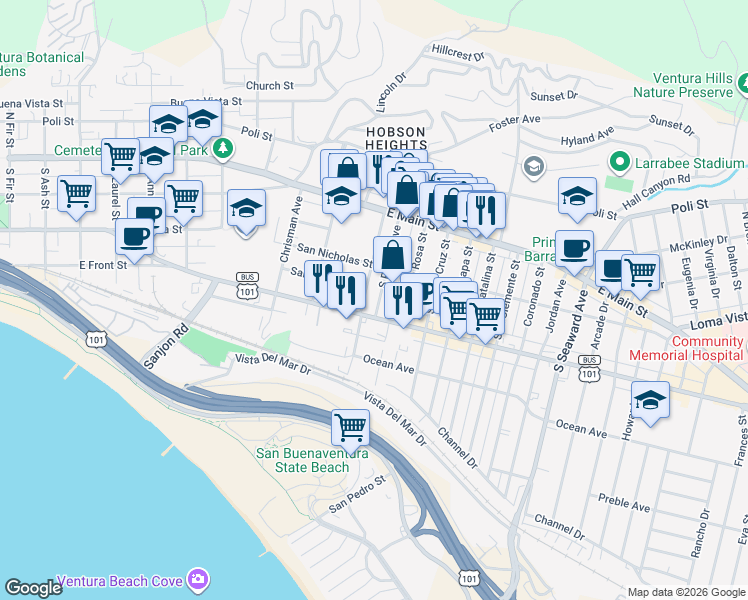 map of restaurants, bars, coffee shops, grocery stores, and more near 178 South Pacific Avenue in Ventura