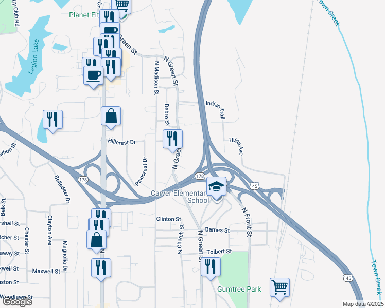 map of restaurants, bars, coffee shops, grocery stores, and more near 1402 North Green Street in Tupelo