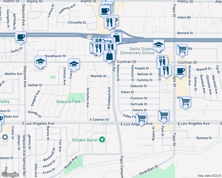 map of restaurants, bars, coffee shops, grocery stores, and more near 2232 North Goddard Avenue in Simi Valley