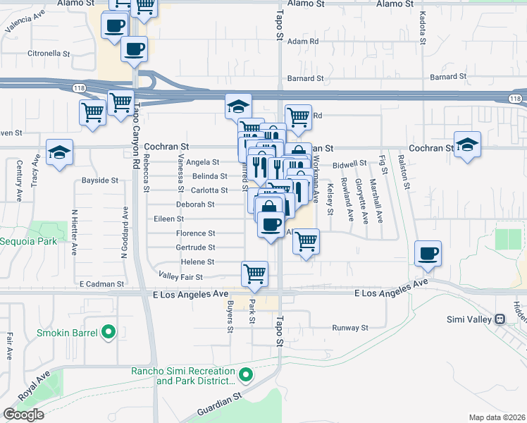 map of restaurants, bars, coffee shops, grocery stores, and more near 2245 Tapo Street in Simi Valley