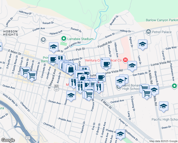 map of restaurants, bars, coffee shops, grocery stores, and more near 221 Dalton Street in Ventura
