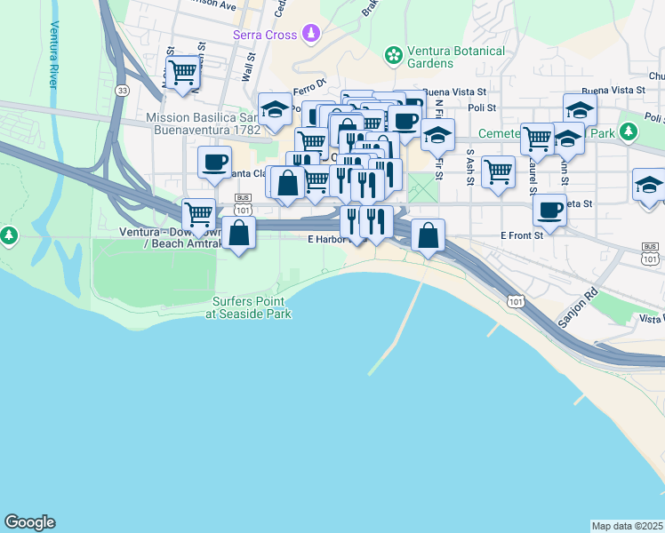 map of restaurants, bars, coffee shops, grocery stores, and more near 350 Paseo De Playa in Ventura
