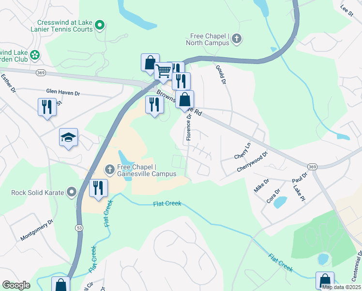 map of restaurants, bars, coffee shops, grocery stores, and more near 2859 Browns Bridge Road in Gainesville