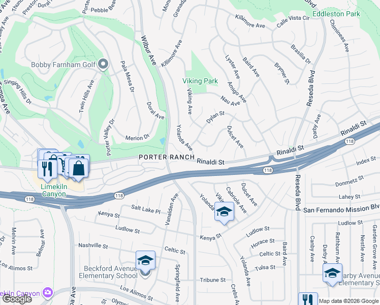 map of restaurants, bars, coffee shops, grocery stores, and more near 11257 Yolanda Avenue in Los Angeles