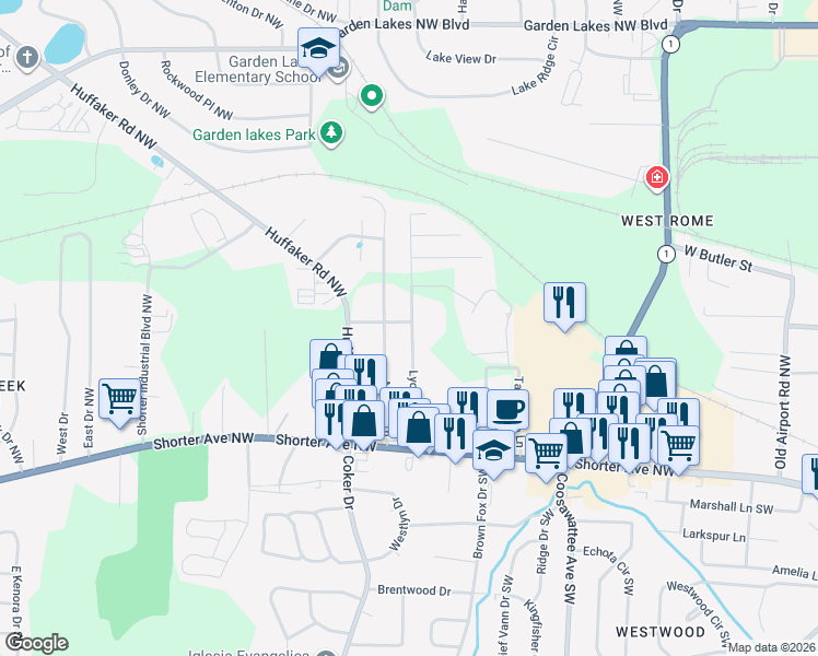 map of restaurants, bars, coffee shops, grocery stores, and more near 53 Dude Street Northwest in Rome
