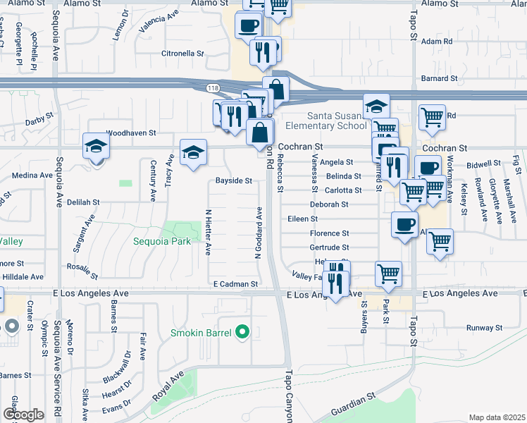 map of restaurants, bars, coffee shops, grocery stores, and more near 2243 Rebecca Street in Simi Valley