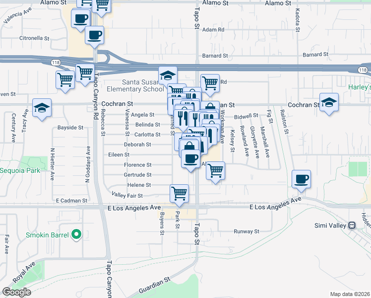 map of restaurants, bars, coffee shops, grocery stores, and more near 2234 Rolling River Lane in Simi Valley