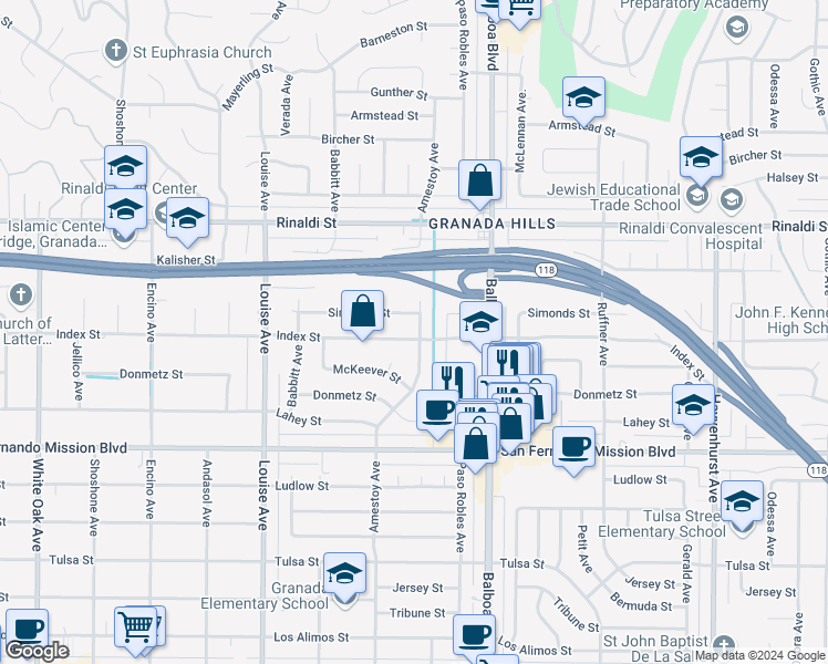 map of restaurants, bars, coffee shops, grocery stores, and more near 17101 Index Street in Los Angeles
