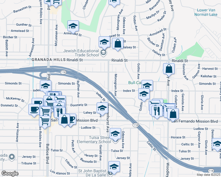 map of restaurants, bars, coffee shops, grocery stores, and more near 11308 Hayvenhurst Avenue in Los Angeles