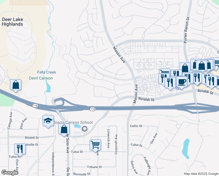 map of restaurants, bars, coffee shops, grocery stores, and more near 20615 Vercelli Way in Los Angeles