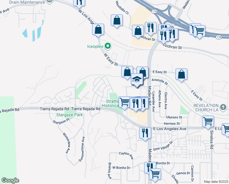map of restaurants, bars, coffee shops, grocery stores, and more near 195 Tierra Rejada Road in Simi Valley