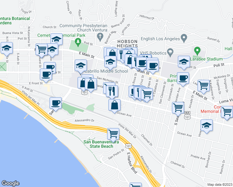map of restaurants, bars, coffee shops, grocery stores, and more near 251 Hurst Avenue in Ventura