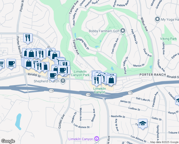 map of restaurants, bars, coffee shops, grocery stores, and more near 19547 Rinaldi Street in Los Angeles