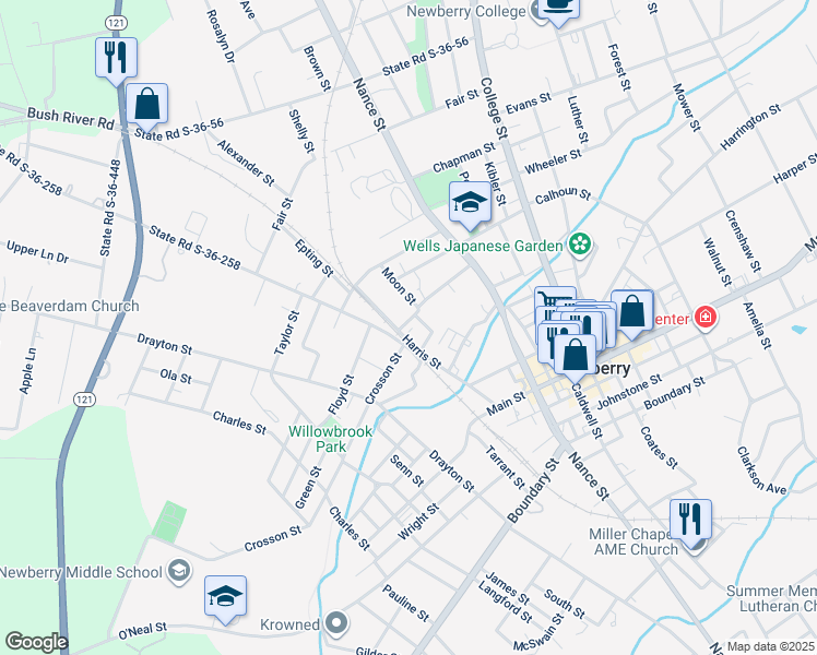 map of restaurants, bars, coffee shops, grocery stores, and more near 92 Cornelia Street in Newberry