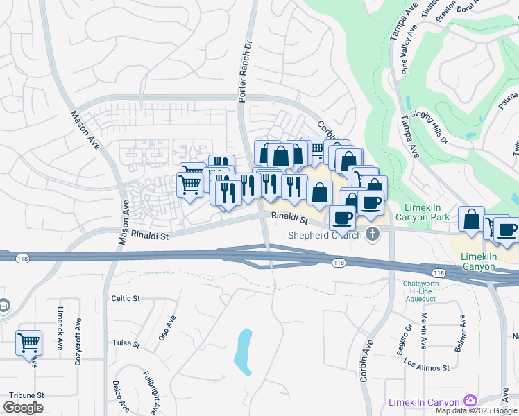 map of restaurants, bars, coffee shops, grocery stores, and more near 11411 Porter Ranch Drive in Los Angeles