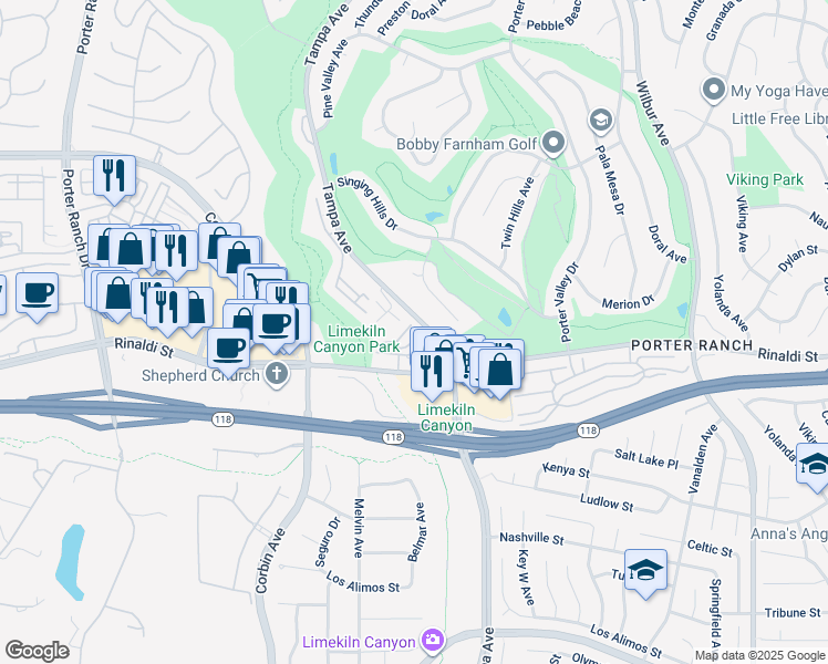 map of restaurants, bars, coffee shops, grocery stores, and more near 11311 Tampa Avenue in Los Angeles