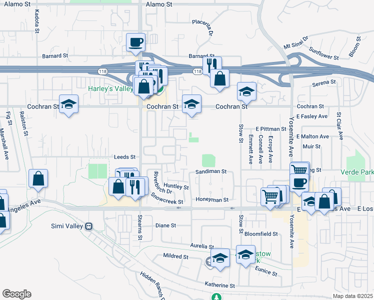 map of restaurants, bars, coffee shops, grocery stores, and more near 2264 Birch Glen Ave in Simi Valley