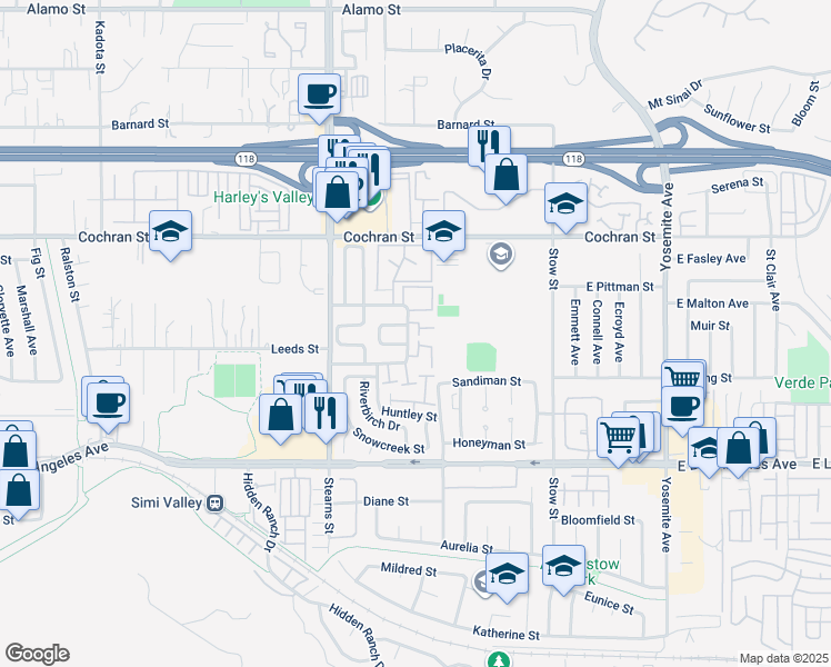 map of restaurants, bars, coffee shops, grocery stores, and more near 2264 Birch Glen Ave in Simi Valley