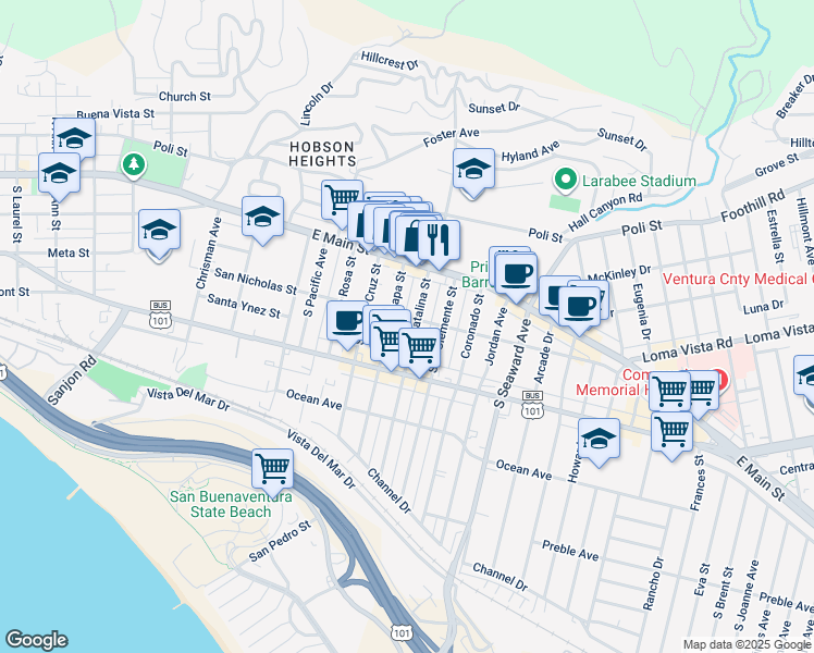 map of restaurants, bars, coffee shops, grocery stores, and more near 110 South Catalina Street in Ventura
