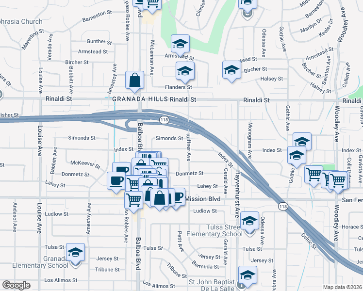 map of restaurants, bars, coffee shops, grocery stores, and more near 16817 Index Street in Los Angeles