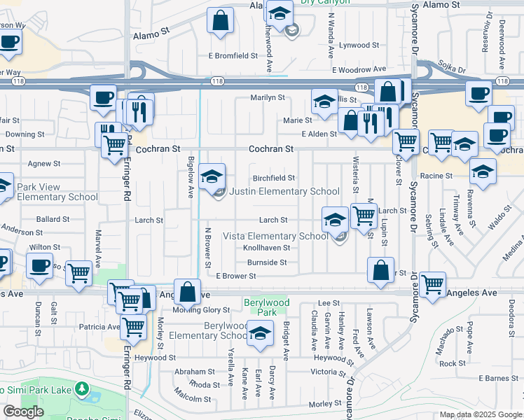 map of restaurants, bars, coffee shops, grocery stores, and more near 2290 Lansdale Court in Simi Valley