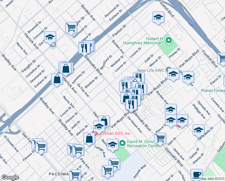 map of restaurants, bars, coffee shops, grocery stores, and more near 11319 Glenoaks Boulevard in Los Angeles