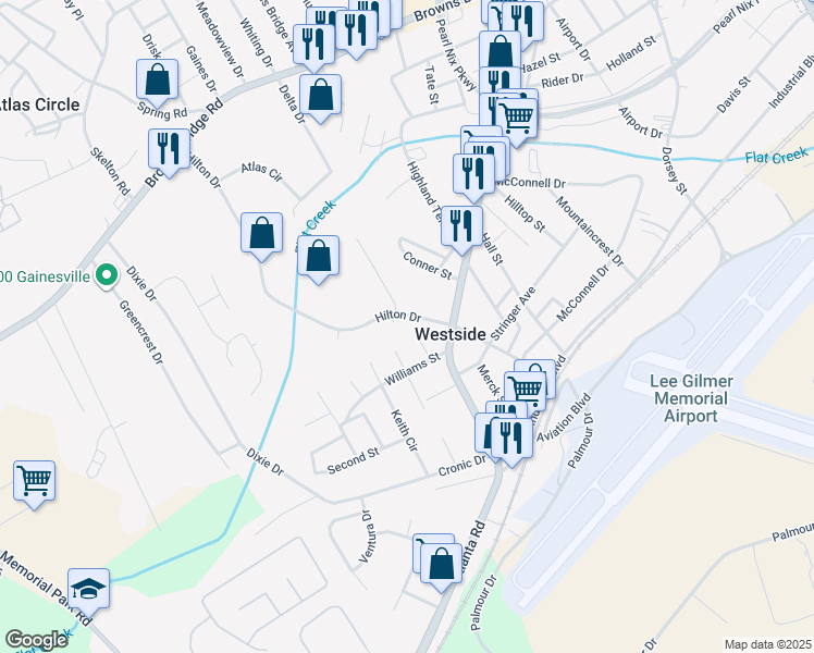 map of restaurants, bars, coffee shops, grocery stores, and more near 2490 Hilton Drive in Gainesville
