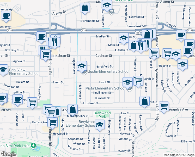 map of restaurants, bars, coffee shops, grocery stores, and more near 2266 Lansdale Court in Simi Valley