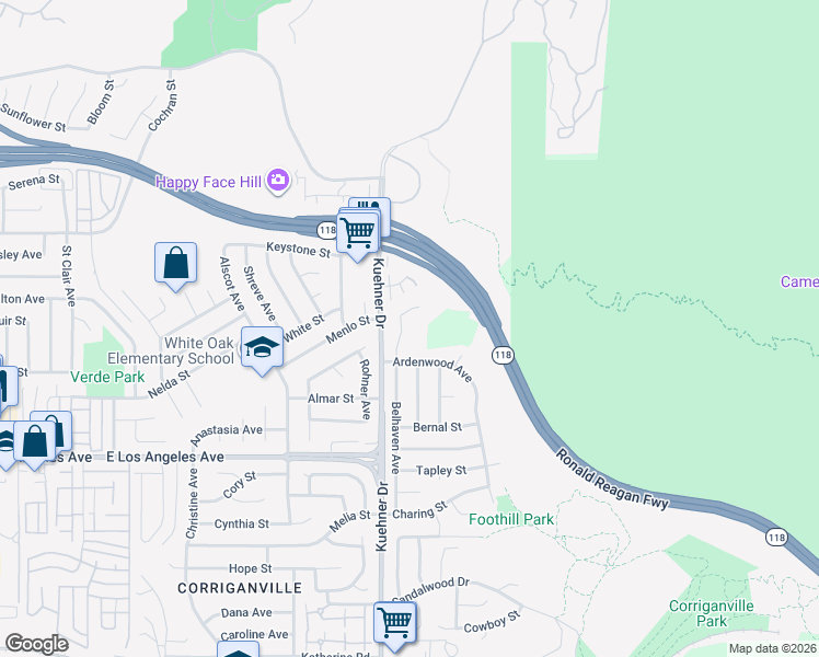 map of restaurants, bars, coffee shops, grocery stores, and more near 2166 Belhaven Avenue in Simi Valley