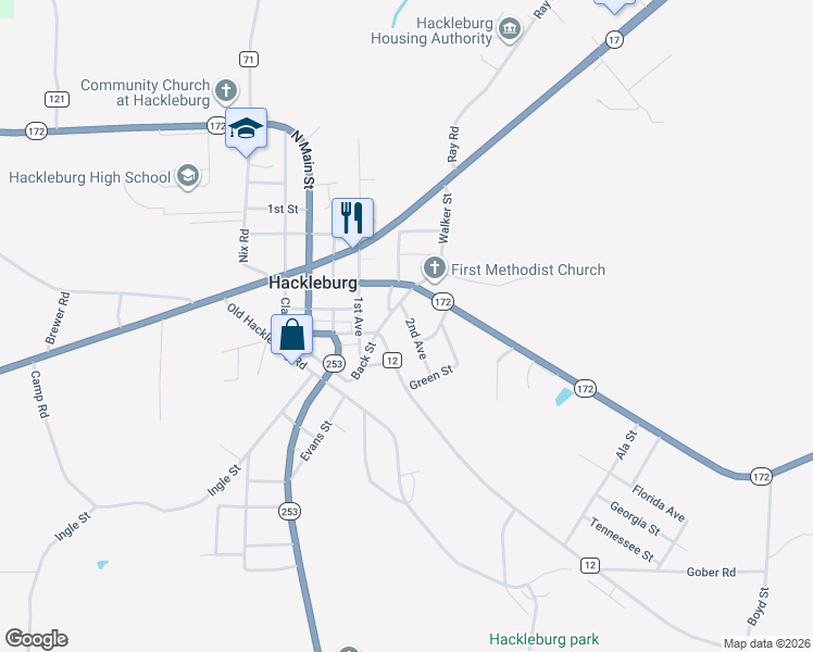 map of restaurants, bars, coffee shops, grocery stores, and more near 650 2nd Avenue in Hackleburg