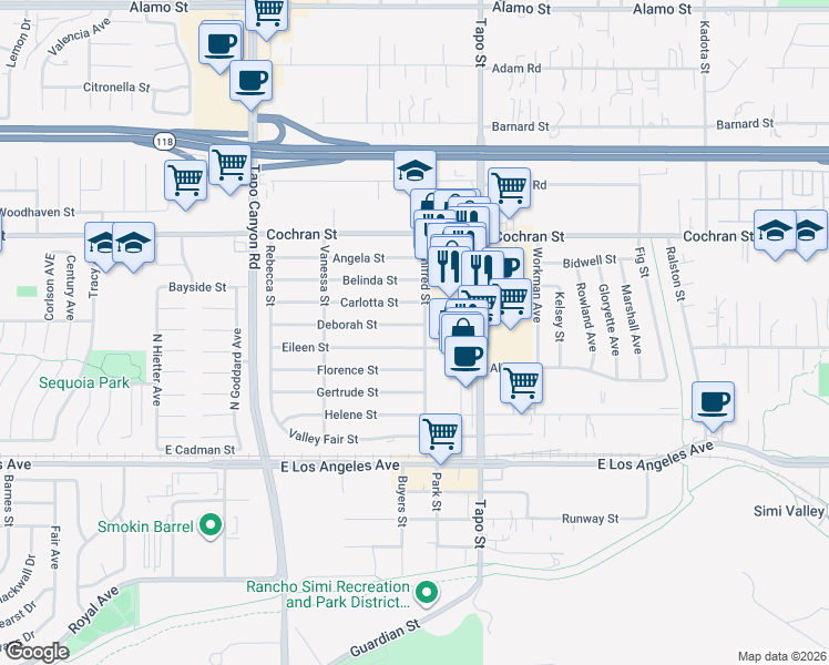 map of restaurants, bars, coffee shops, grocery stores, and more near 4287 Deborah Street in Simi Valley