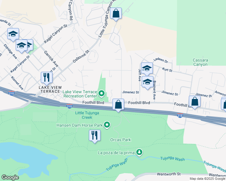 map of restaurants, bars, coffee shops, grocery stores, and more near 10937 Foothill Boulevard in Los Angeles