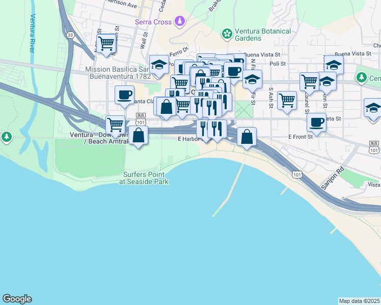 map of restaurants, bars, coffee shops, grocery stores, and more near 350 Paseo De Playa in Ventura