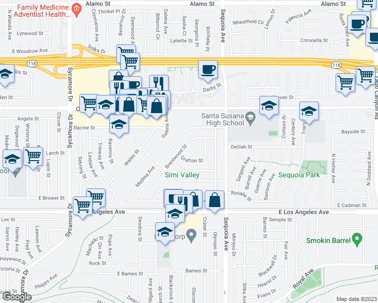 map of restaurants, bars, coffee shops, grocery stores, and more near 2243 Carver Court in Simi Valley