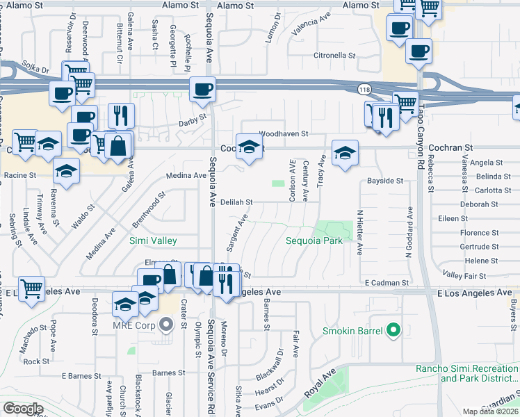 map of restaurants, bars, coffee shops, grocery stores, and more near 2241 Burke Court in Simi Valley