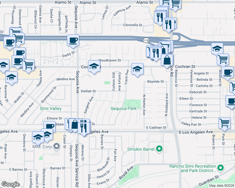 map of restaurants, bars, coffee shops, grocery stores, and more near 2241 Century Place in Simi Valley