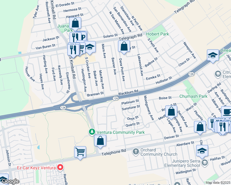 map of restaurants, bars, coffee shops, grocery stores, and more near 2 Mara Avenue in Ventura