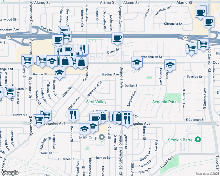 map of restaurants, bars, coffee shops, grocery stores, and more near 2289 Grafton Street in Simi Valley