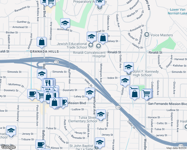 map of restaurants, bars, coffee shops, grocery stores, and more near 16609 Simonds Street in Los Angeles