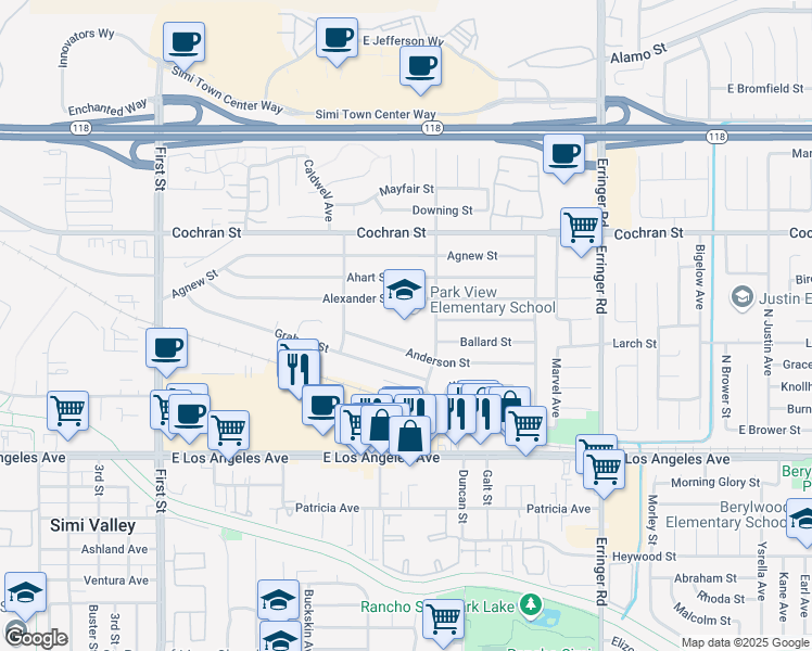 map of restaurants, bars, coffee shops, grocery stores, and more near 1500 Alexander Street in Simi Valley