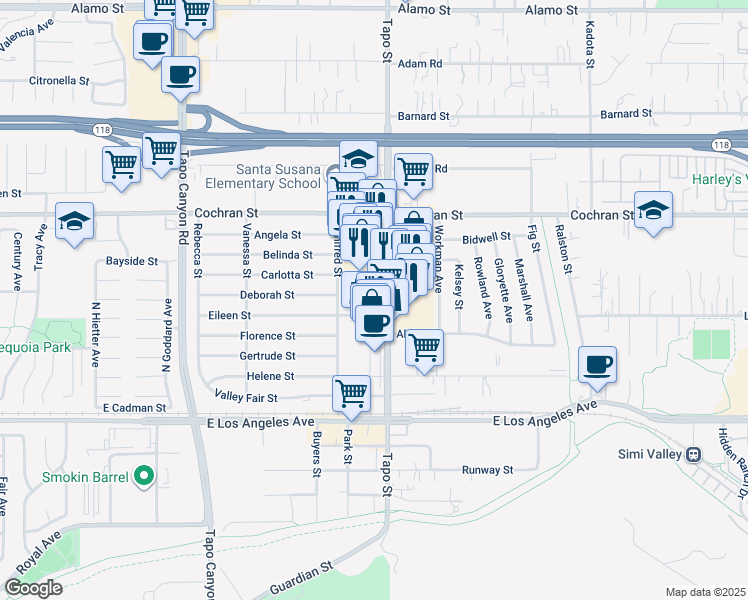 map of restaurants, bars, coffee shops, grocery stores, and more near 4377 Green Pasture Lane in Simi Valley
