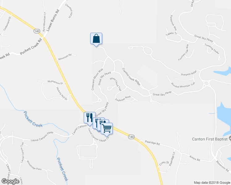 map of restaurants, bars, coffee shops, grocery stores, and more near 206 Daybreak Rush in Canton