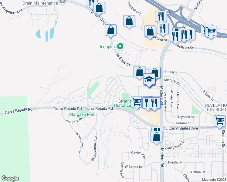 map of restaurants, bars, coffee shops, grocery stores, and more near 195 Tierra Rejada Road in Simi Valley