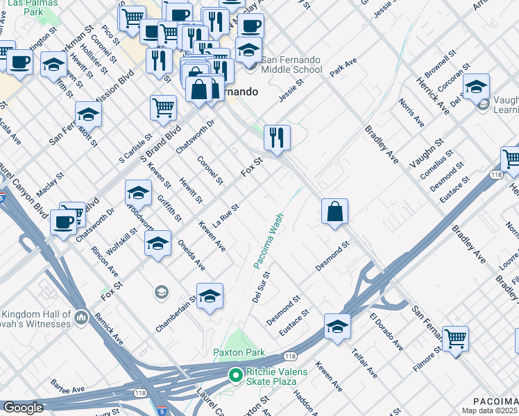 map of restaurants, bars, coffee shops, grocery stores, and more near 11330 Tamarack Avenue in San Fernando