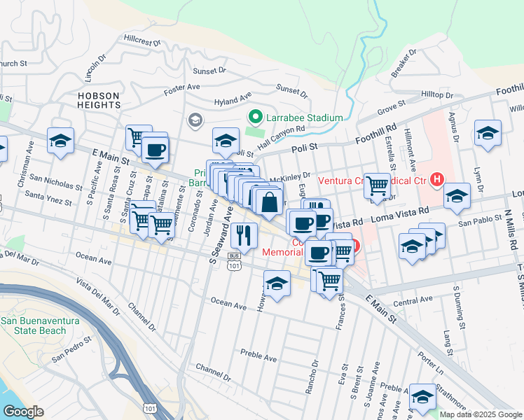 map of restaurants, bars, coffee shops, grocery stores, and more near 2468 Lexington Drive in Ventura