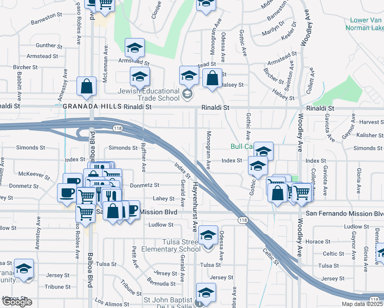 map of restaurants, bars, coffee shops, grocery stores, and more near 16609 Simonds Street in Los Angeles