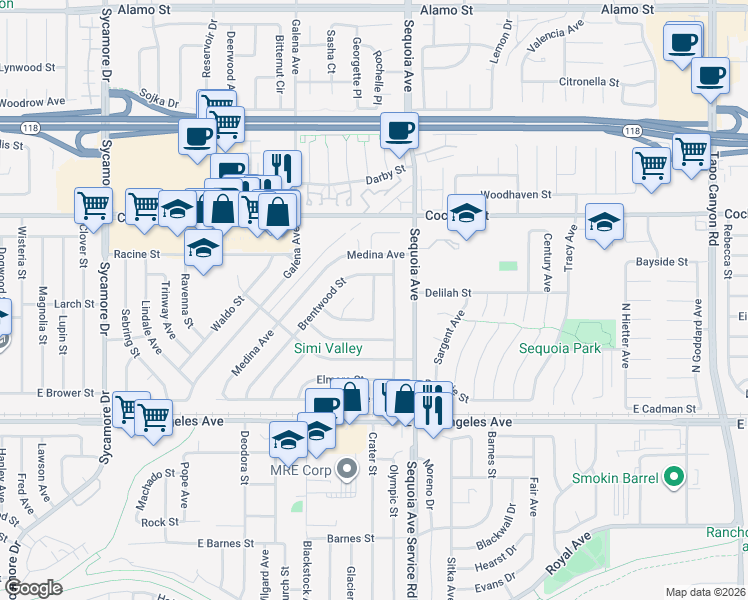 map of restaurants, bars, coffee shops, grocery stores, and more near 2289 Grafton Street in Simi Valley